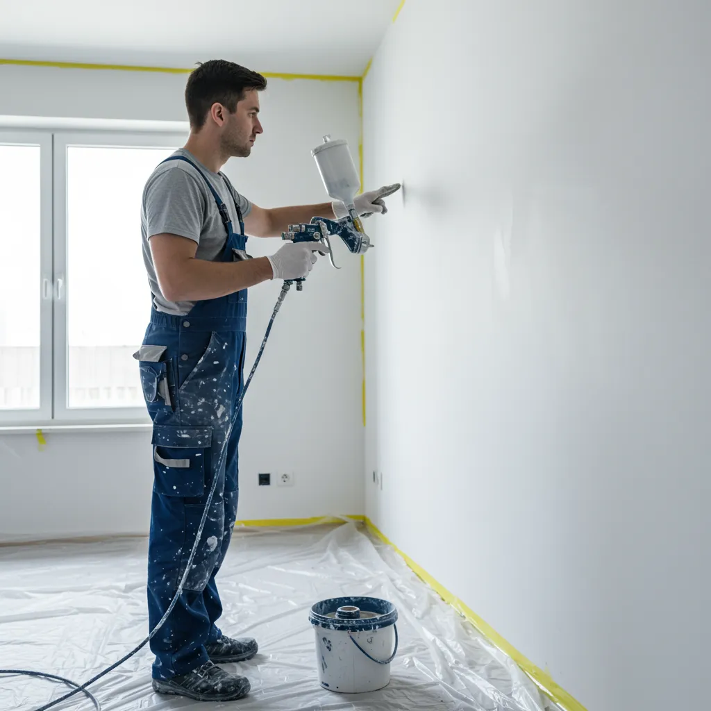Peintre professionnel appliquant de la peinture par projection airless sur un mur intérieur avec protection au sol