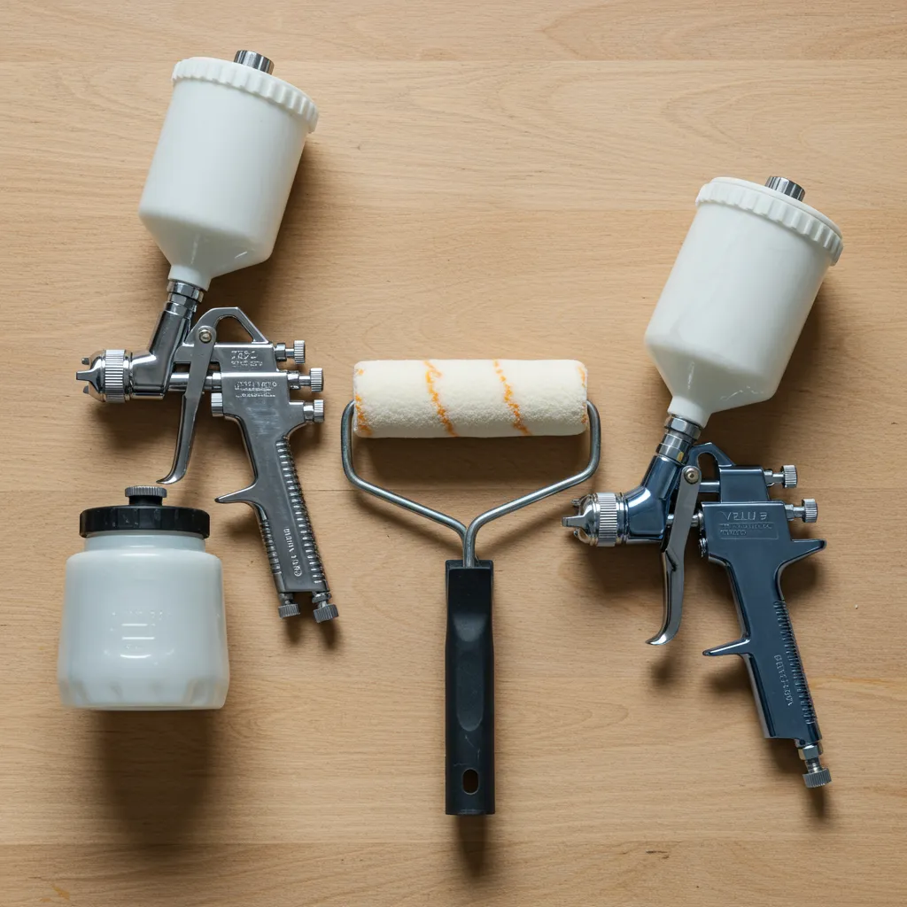Comparaison des trois outils de peinture : pistolet airless, rouleau et pistolet HVLP posés côte à côte