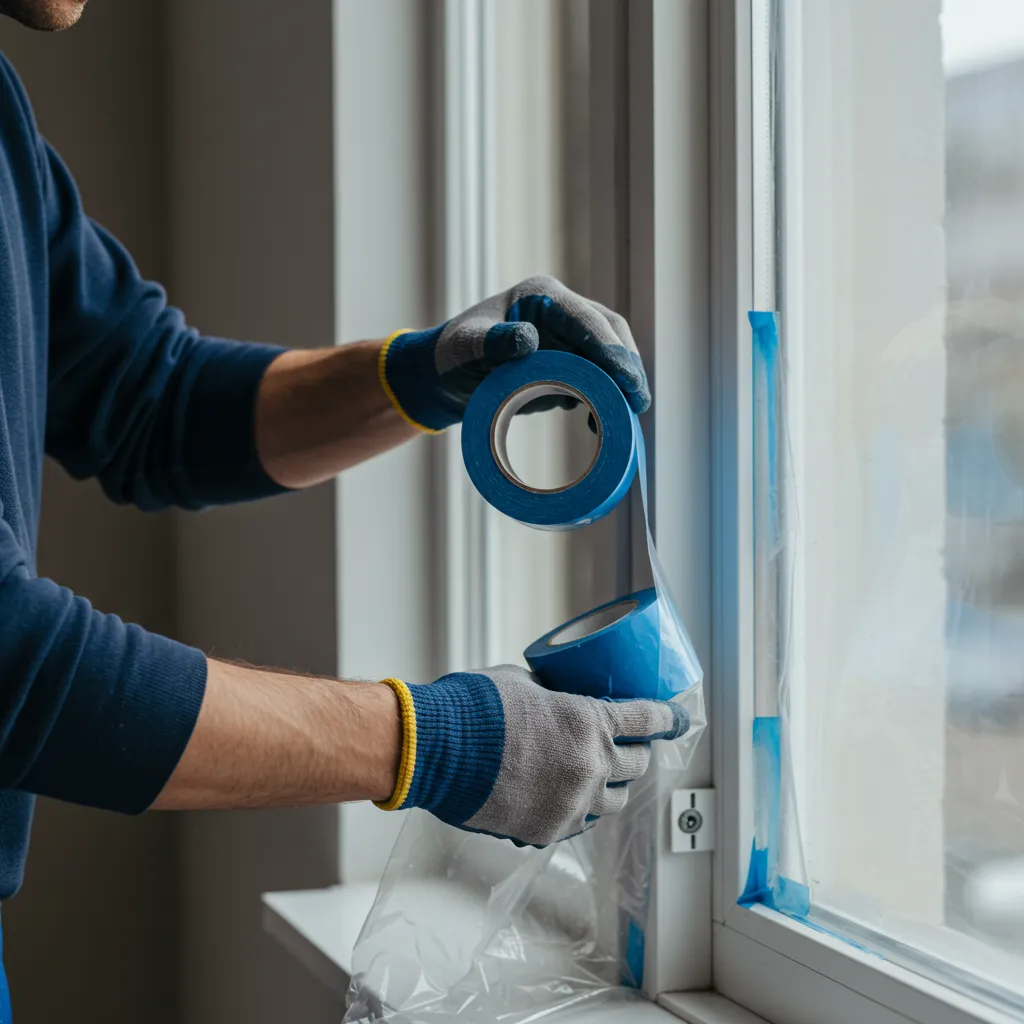 Préparation d'un chantier airless avec masquage soigneux des fenêtres et protection des surfaces avant projection