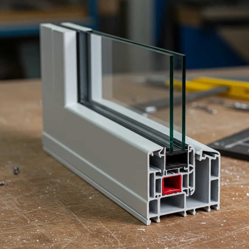 Gros plan sur un profilé de fenêtre aluminium sur mesure avec double vitrage, détail de fabrication