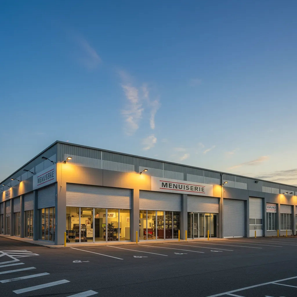 Extérieur d'un point de vente de menuiseries aluminium en zone industrielle, vue de la façade commerciale
