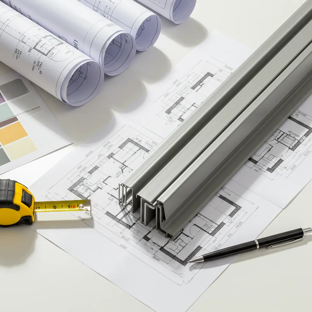 Vue de dessus d'un bureau avec plans techniques et échantillons de menuiseries aluminium pour un projet de rénovation