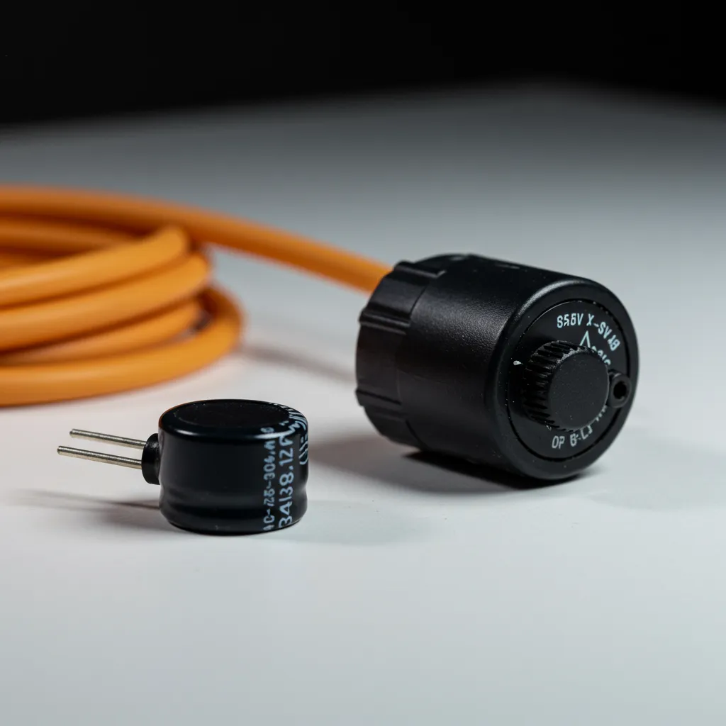 Condensateur de moteur et pressostat de chaudière posés sur un établi, pièces de rechange pour anomalie ventilateur