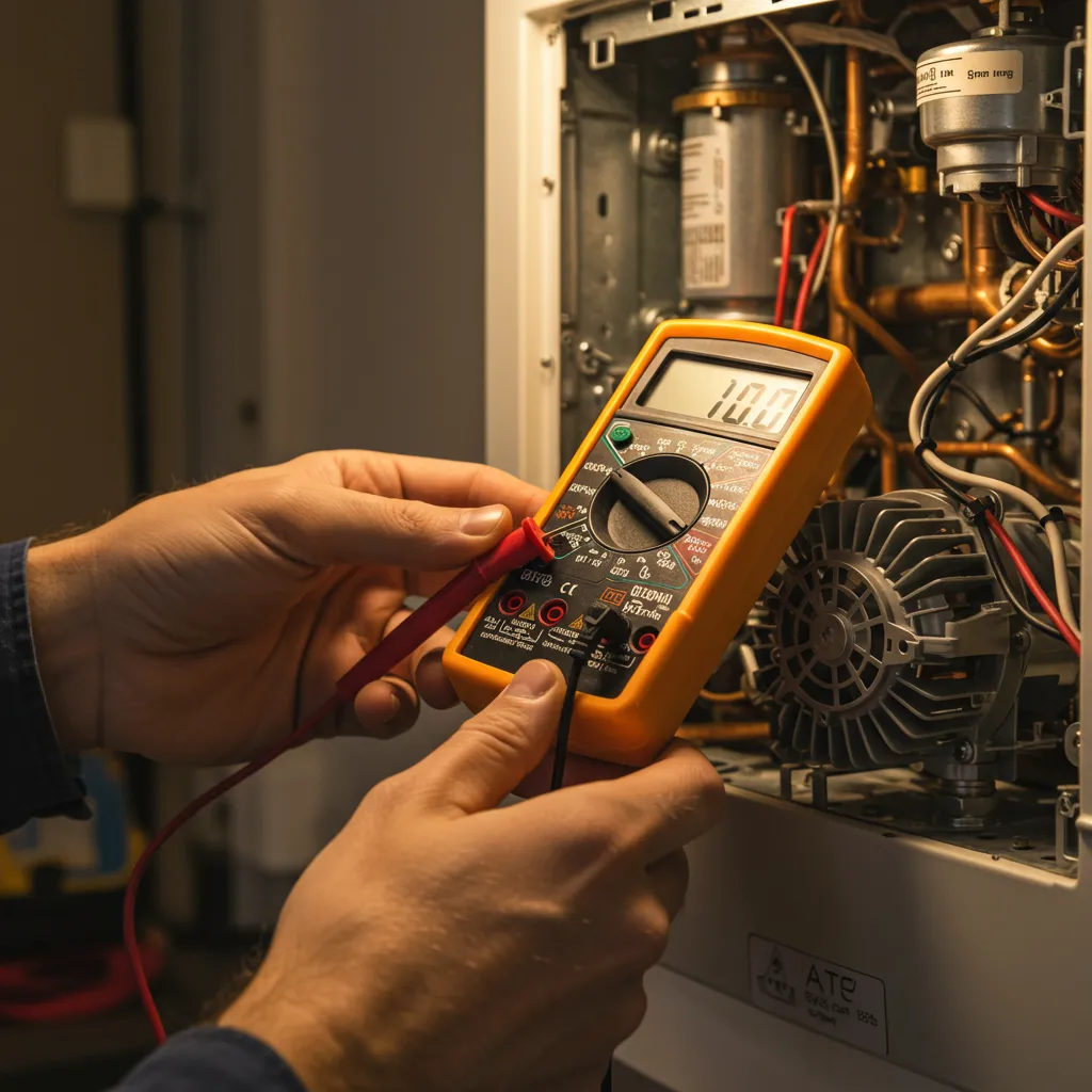 Technicien mesurant la capacité du condensateur d'un motoventilateur de chaudière au multimètre