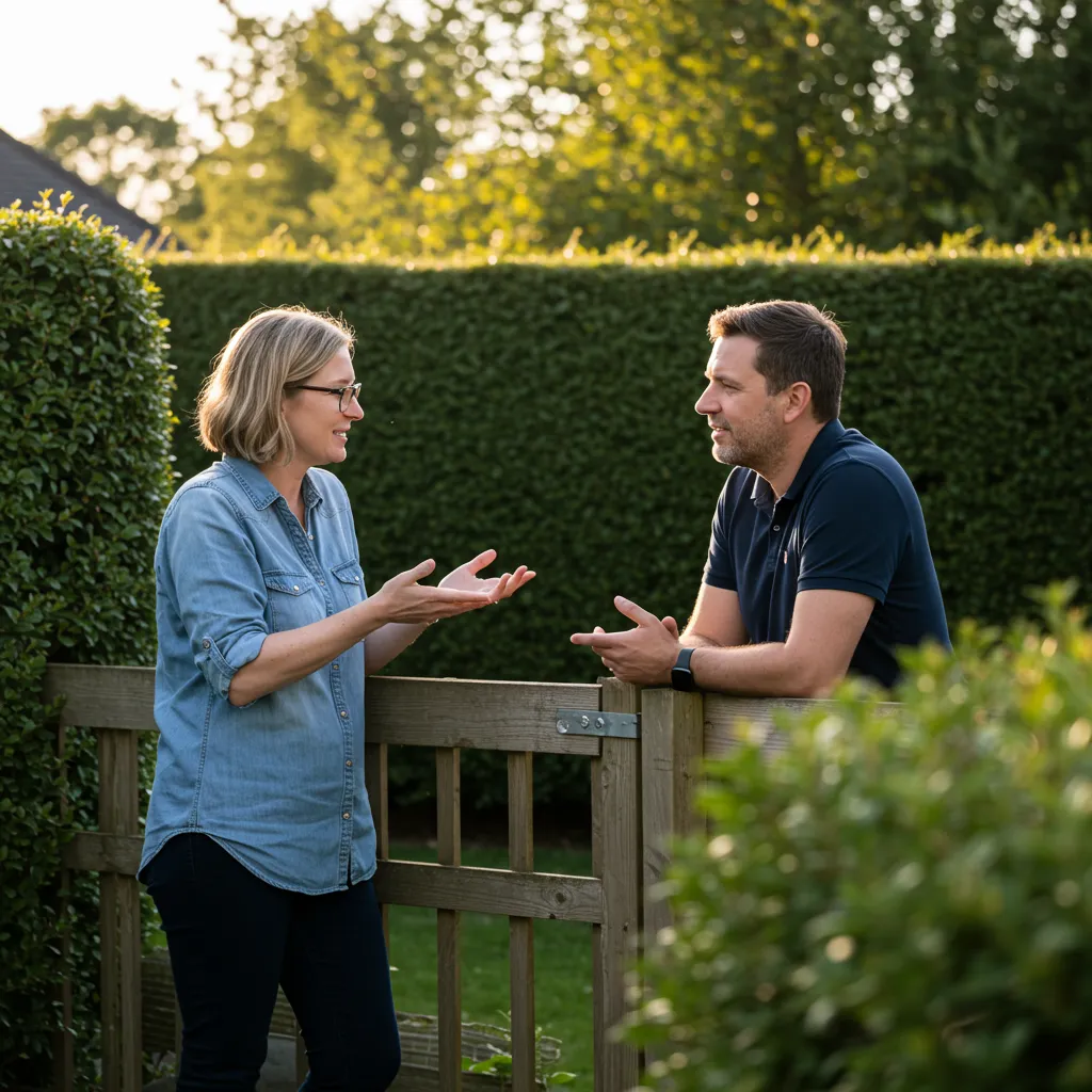 Deux voisins en discussion amiable à la clôture du jardin, illustrant le dialogue comme première étape de la procédure