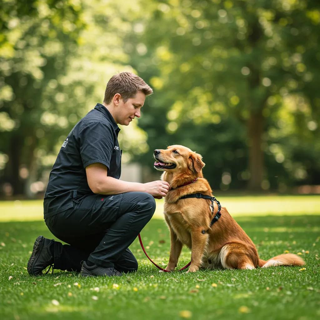 Éducateur canin travaillant avec un chien en plein air, illustrant les solutions comportementales pour réduire les aboiements