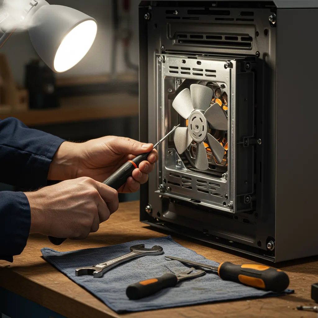 Inspection du ventilateur d'extraction d'un poêle à granulés lors d'une vérification technique