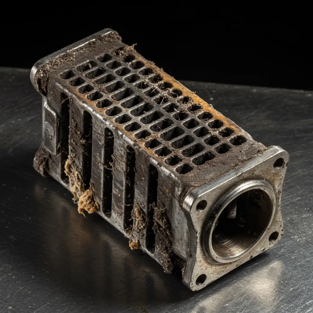 Échangeur thermique encrassé d'un poêle à granulés posé sur un établi pour inspection