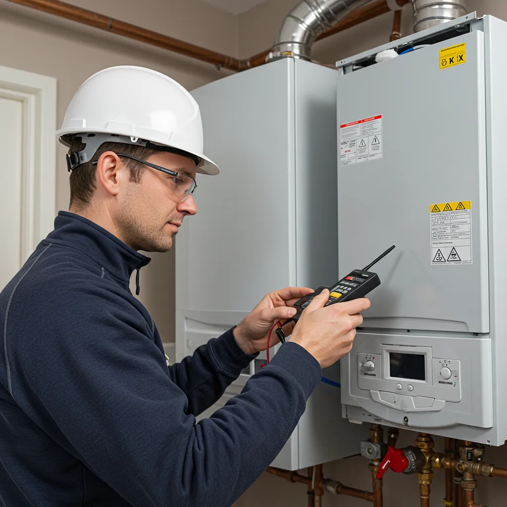 Technicien certifié RGE réalisant un diagnostic sur une chaudière gaz en logement individuel