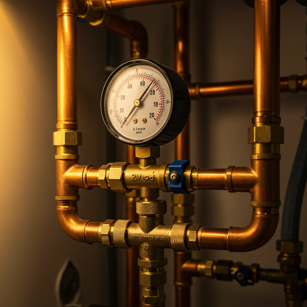 Détail d'une installation de chauffage gaz avec tuyauteries cuivre et manomètre lors d'un entretien annuel