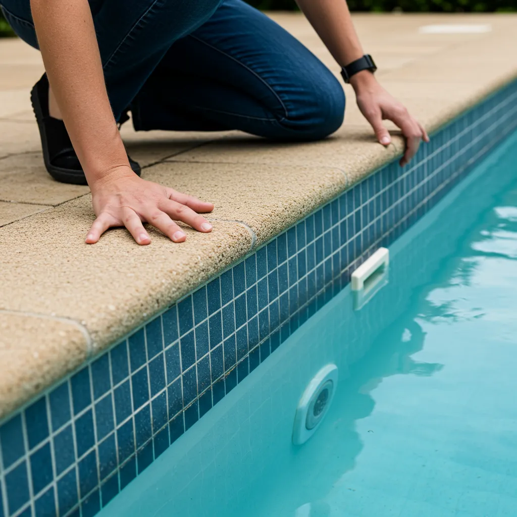 Inspection du niveau d'eau et du skimmer d'une piscine pour détecter une fuite