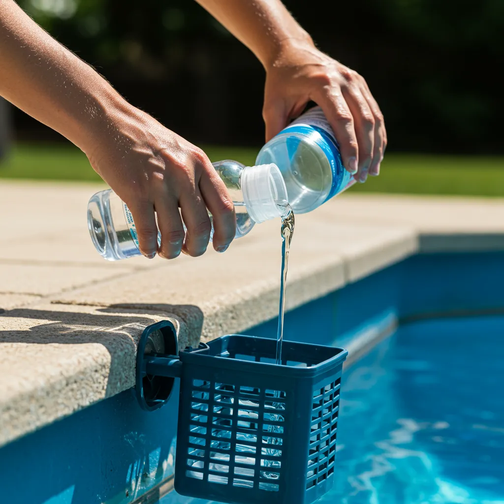 Application d'un colmateur de fuite liquide dans le skimmer d'une piscine