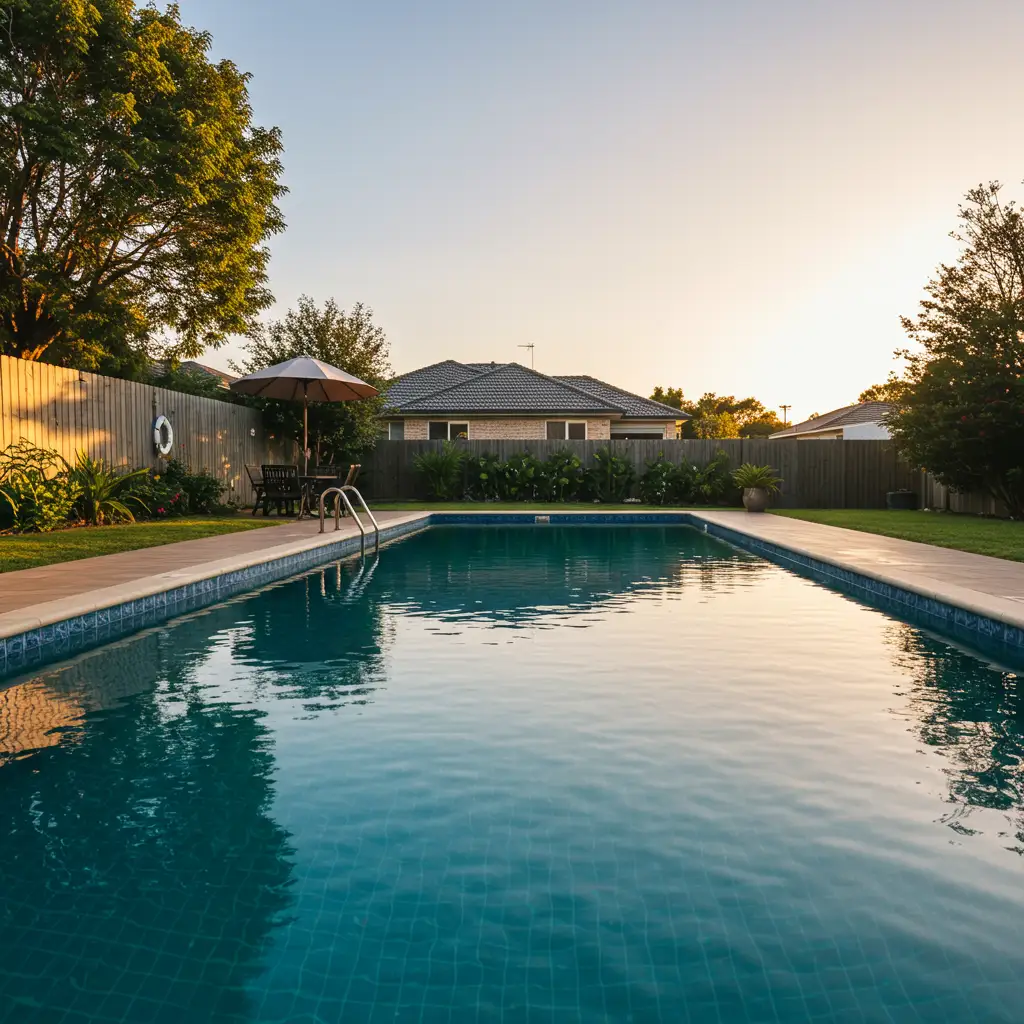 Piscine bien entretenue avec eau limpide après traitement d'une fuite réussie