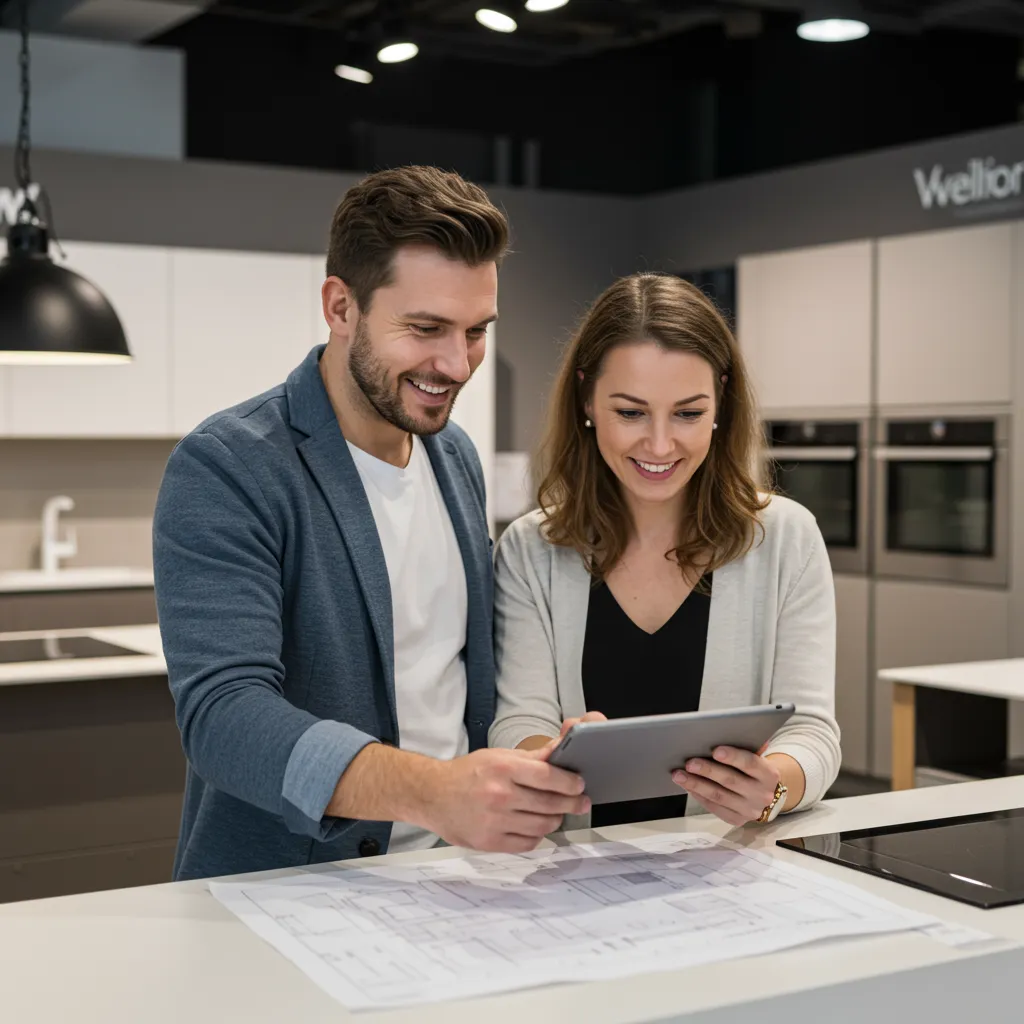 Couple consultant des plans de cuisine sur tablette dans un showroom de cuisiniste