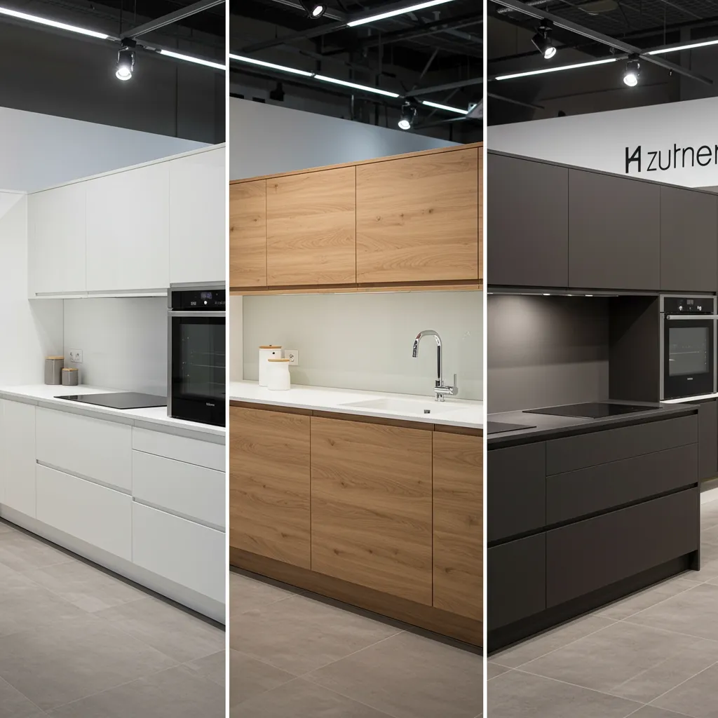 Comparaison de trois styles de cuisines exposées dans un showroom, du blanc laqué au bois naturel