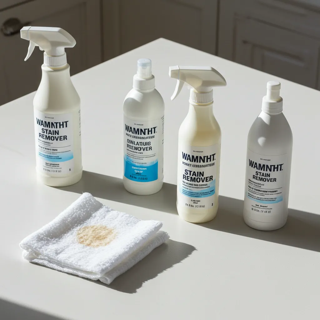 Gamme de produits détachants alternatifs disposés sur un plan de travail blanc avec un tissu taché
