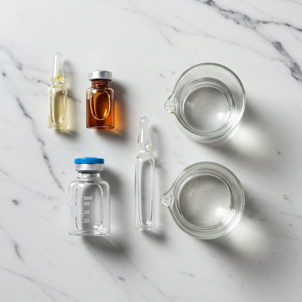 Vue de dessus de flacons de laboratoire contenant les composants chimiques d'un détachant solvant : hydrocarbures, eau, tensioactifs