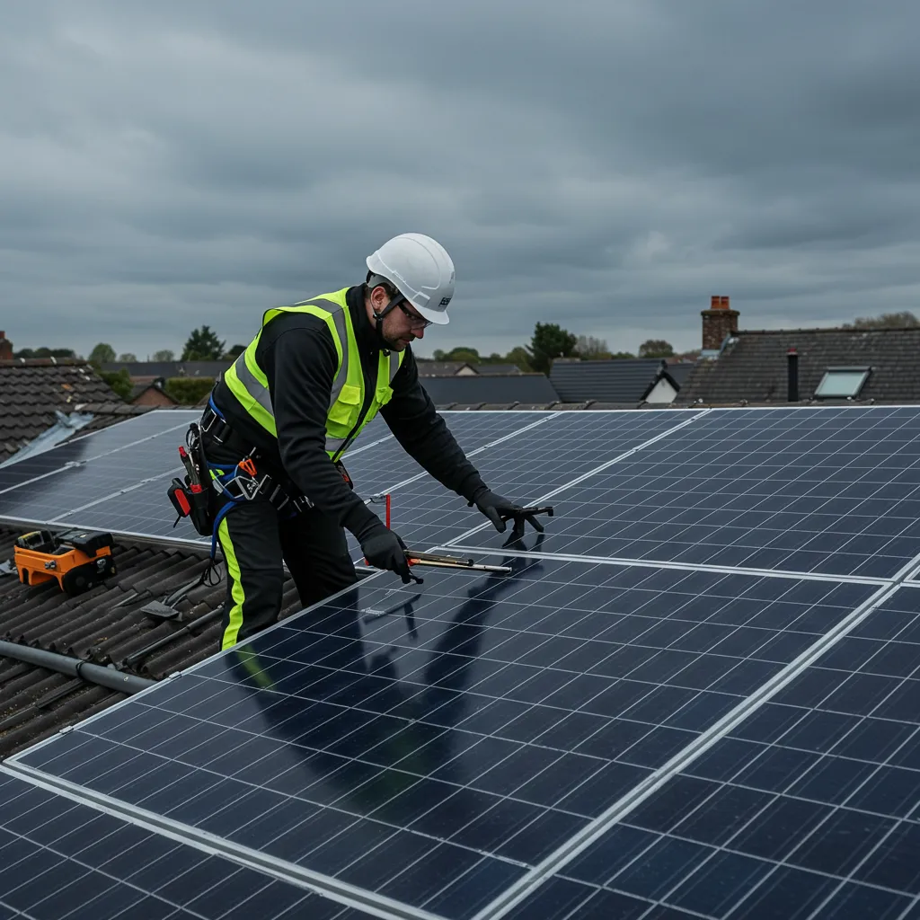 Technicien installateur ENR inspectant des panneaux photovoltaïques sur un toit de maison individuelle en Loire-Atlantique