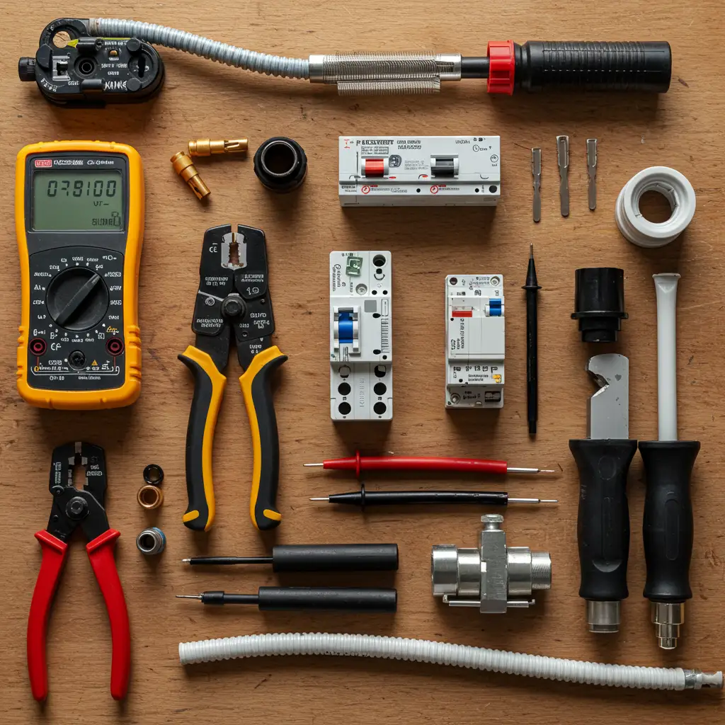 Outillage complet d'un électricien général : multimètre, disjoncteurs, câbles et accessoires d'installation électrique