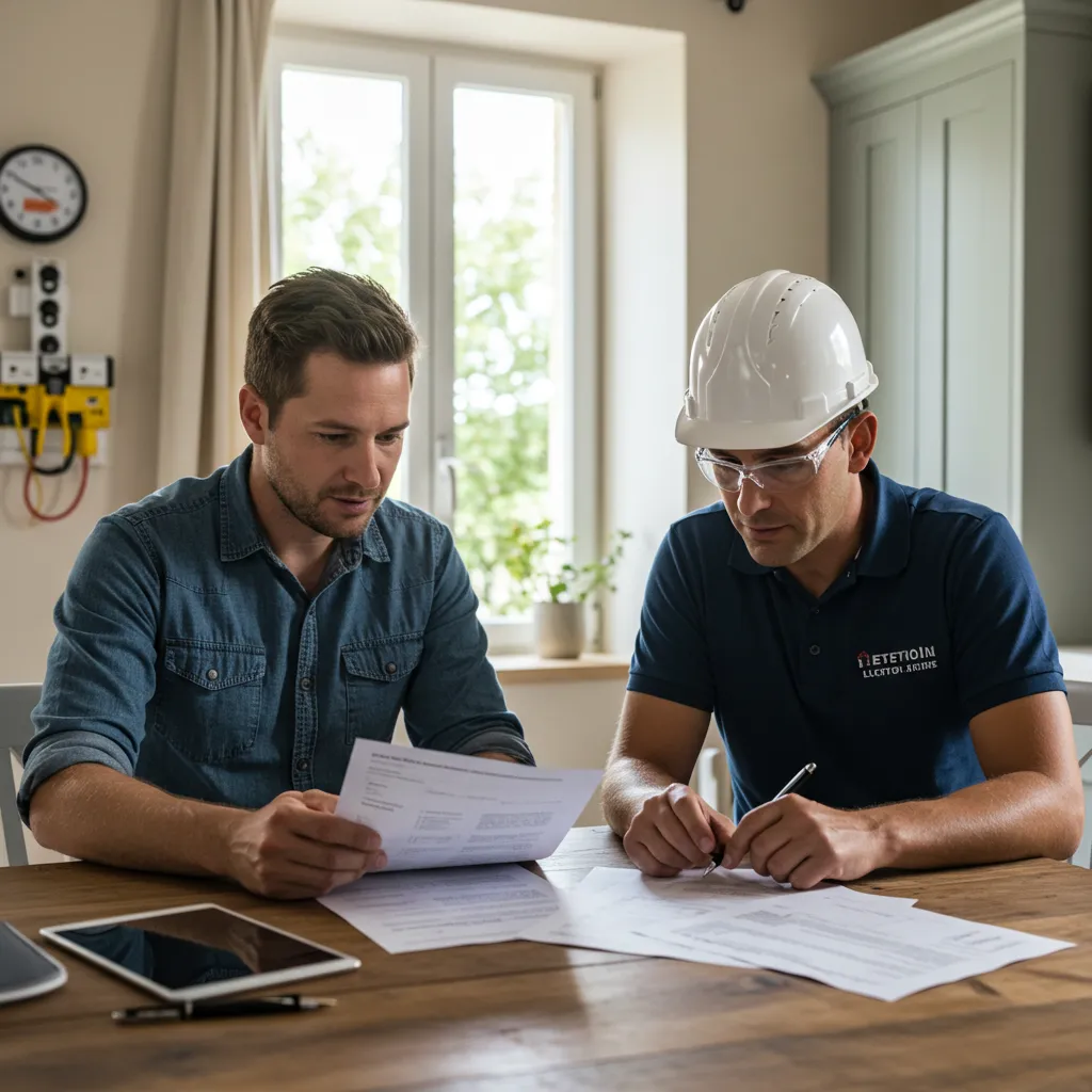 Particulier et électricien local examinant un devis de travaux électriques avant le démarrage d'un chantier à Gigean