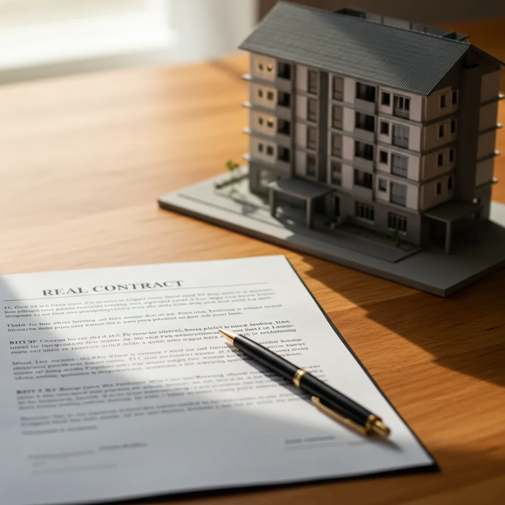 Contrat VEFA et maquette immobilière symbolisant le paradoxe entre promesses commerciales et réalité post-livraison