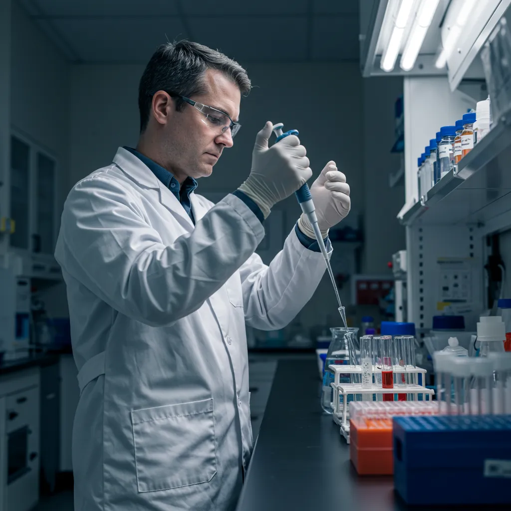 Technicien de laboratoire agréé ANSES effectuant une analyse d'échantillon d'eau avec des pipettes et des tubes à essai dans un laboratoire moderne