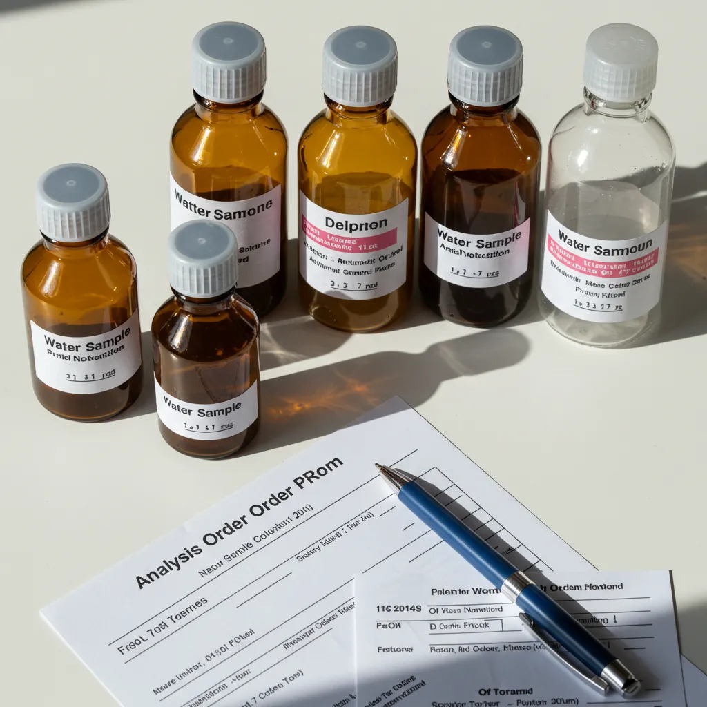 Flacons stériles de prélèvement d'eau pour analyse en laboratoire disposés en vue de dessus avec un bon de commande d'analyse