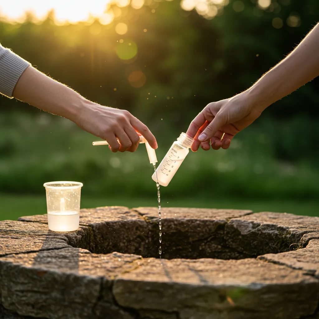 Prélèvement d'un échantillon d'eau dans un puits privé à l'aide d'un flacon stérile de collecte, étape clé de l'analyse de l'eau