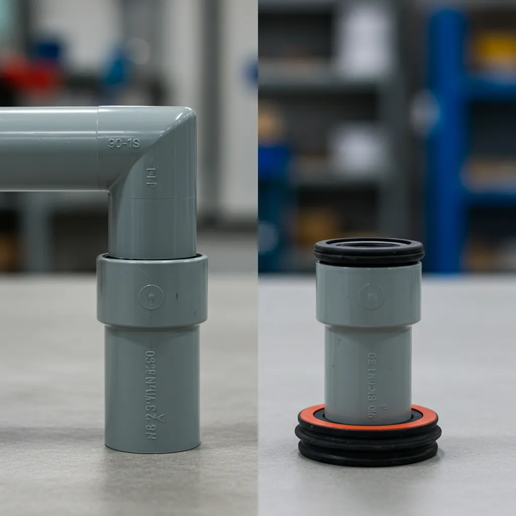 Comparaison entre assemblage par collage et assemblage par bague d'étanchéité sur des tuyaux PVC gris
