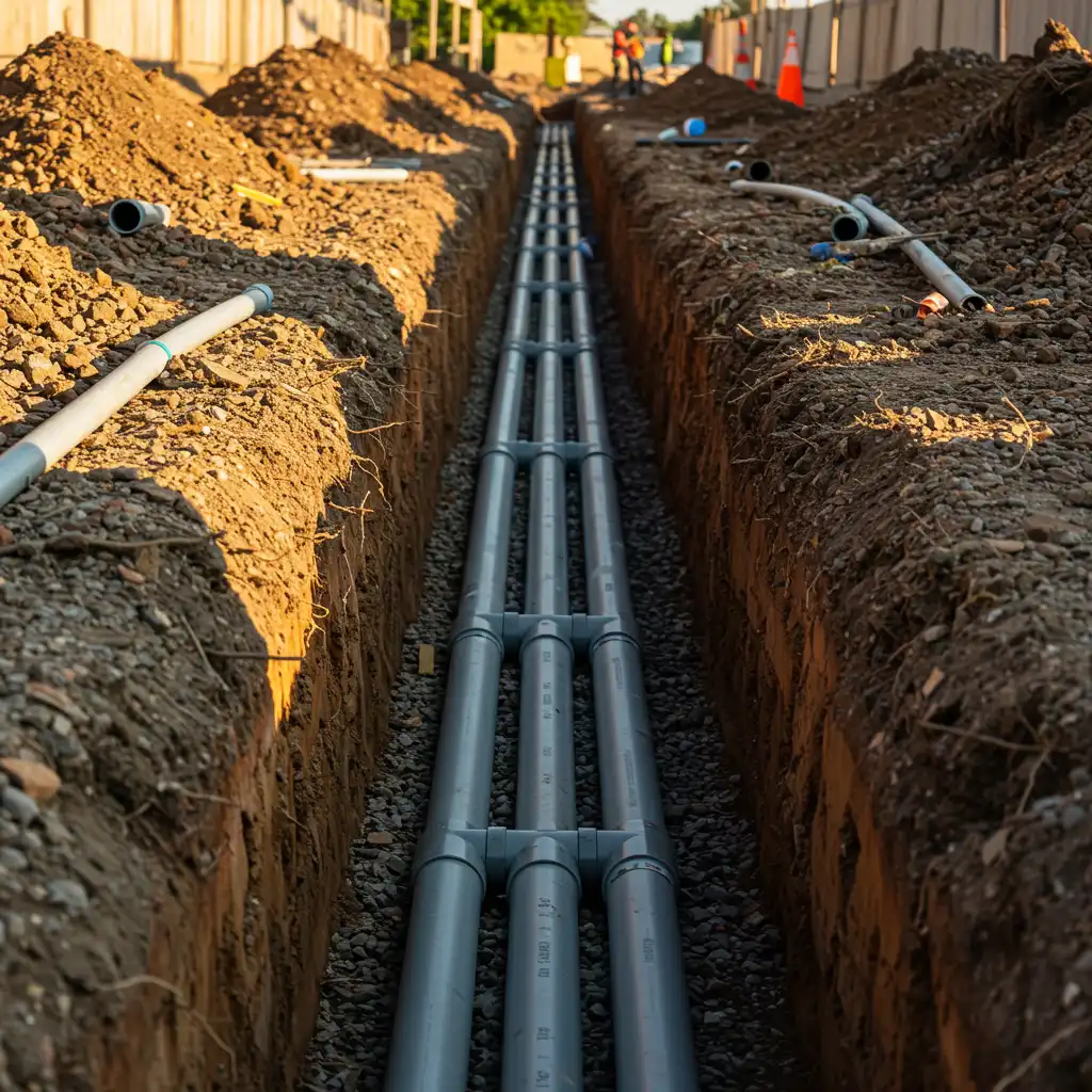 Réseau de tuyaux PVC enterrés correctement posés dans une tranchée avant remblaiement, assemblages conformes visibles