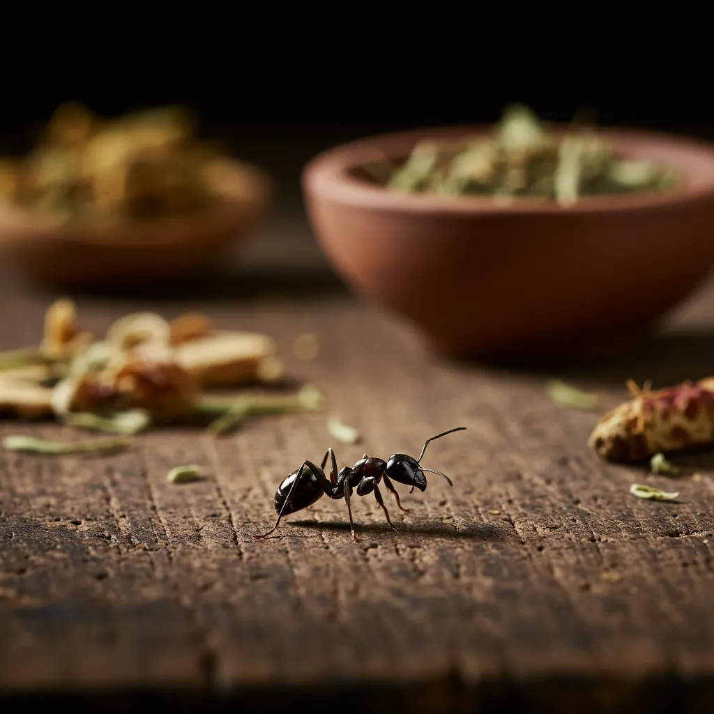 Gros plan d'une fourmi noire sur une surface en bois ancienne, évoquant la symbolique spirituelle et culturelle des fourmis