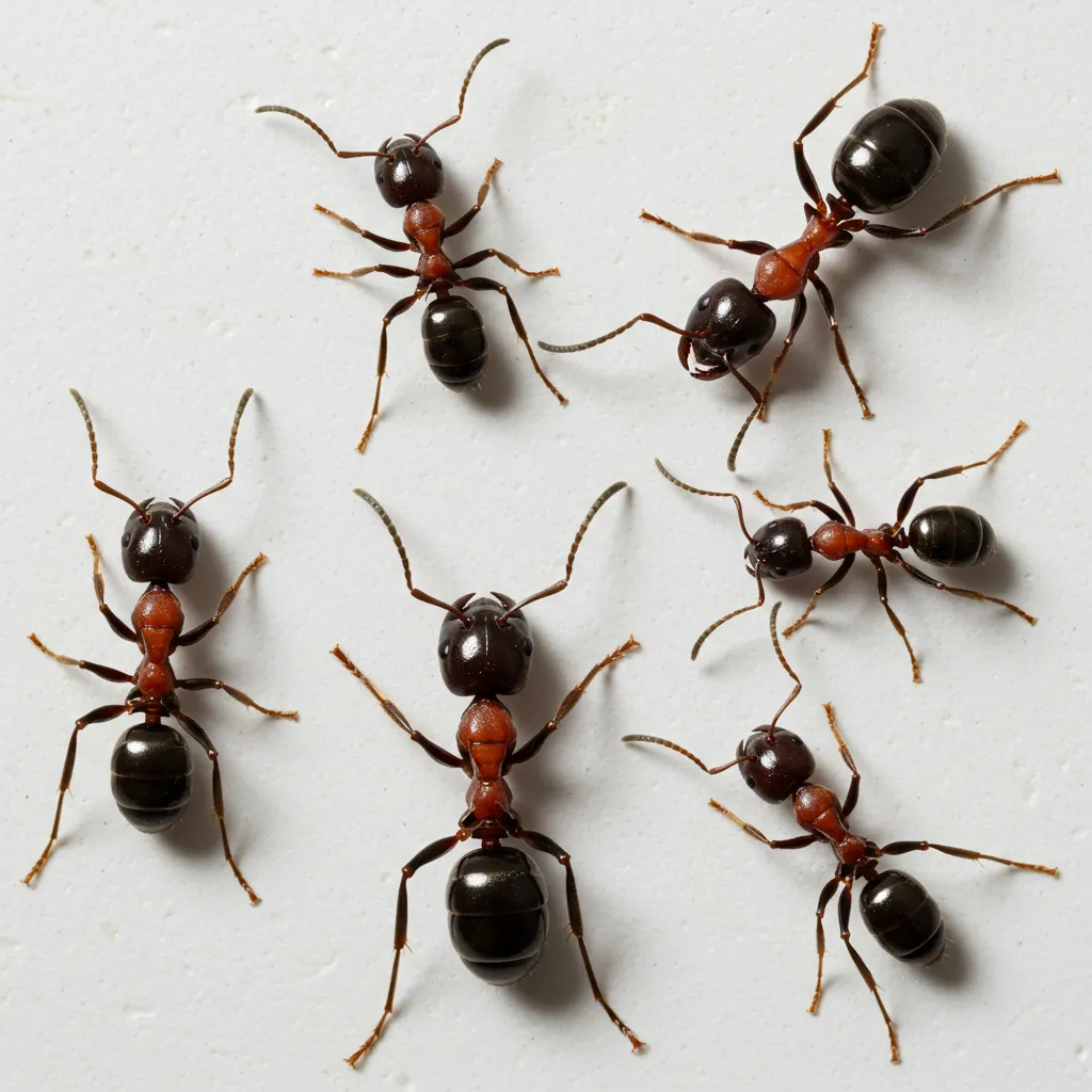 Vue de dessus de différentes espèces de fourmis sur une surface en pierre blanche, permettant de comparer la fourmi noire des jardins et la fourmi charpentière