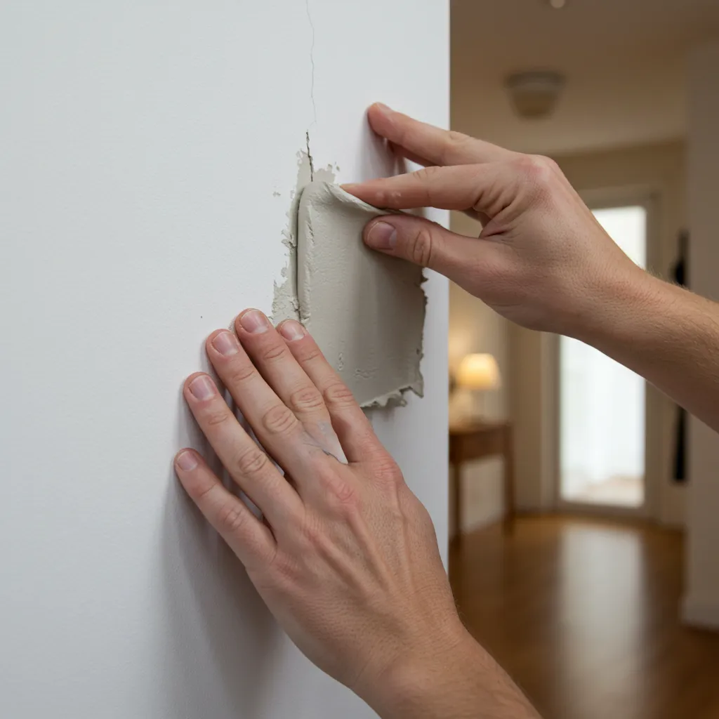 Mains d'une personne colmatant une fissure dans un mur intérieur blanc, geste préventif contre l'intrusion de fourmis dans la maison