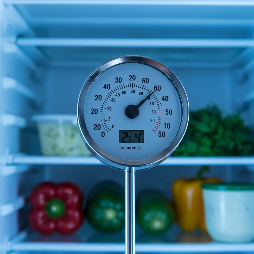 Thermomètre de cuisine placé dans un réfrigérateur affichant une température entre 2 et 4°C, illustrant les cycles normaux de refroidissement