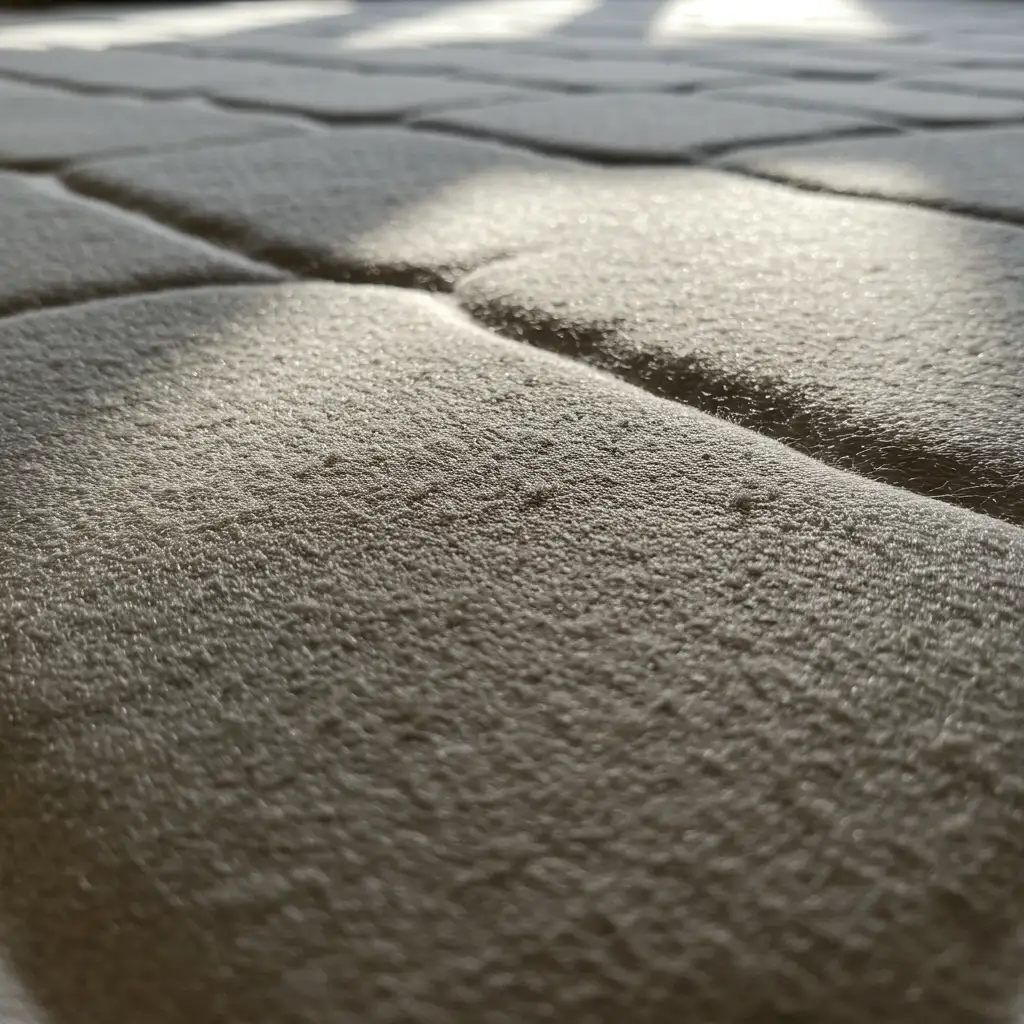 Gros plan sur la surface d'un matelas montrant l'accumulation de poussière et les zones de prolifération des acariens