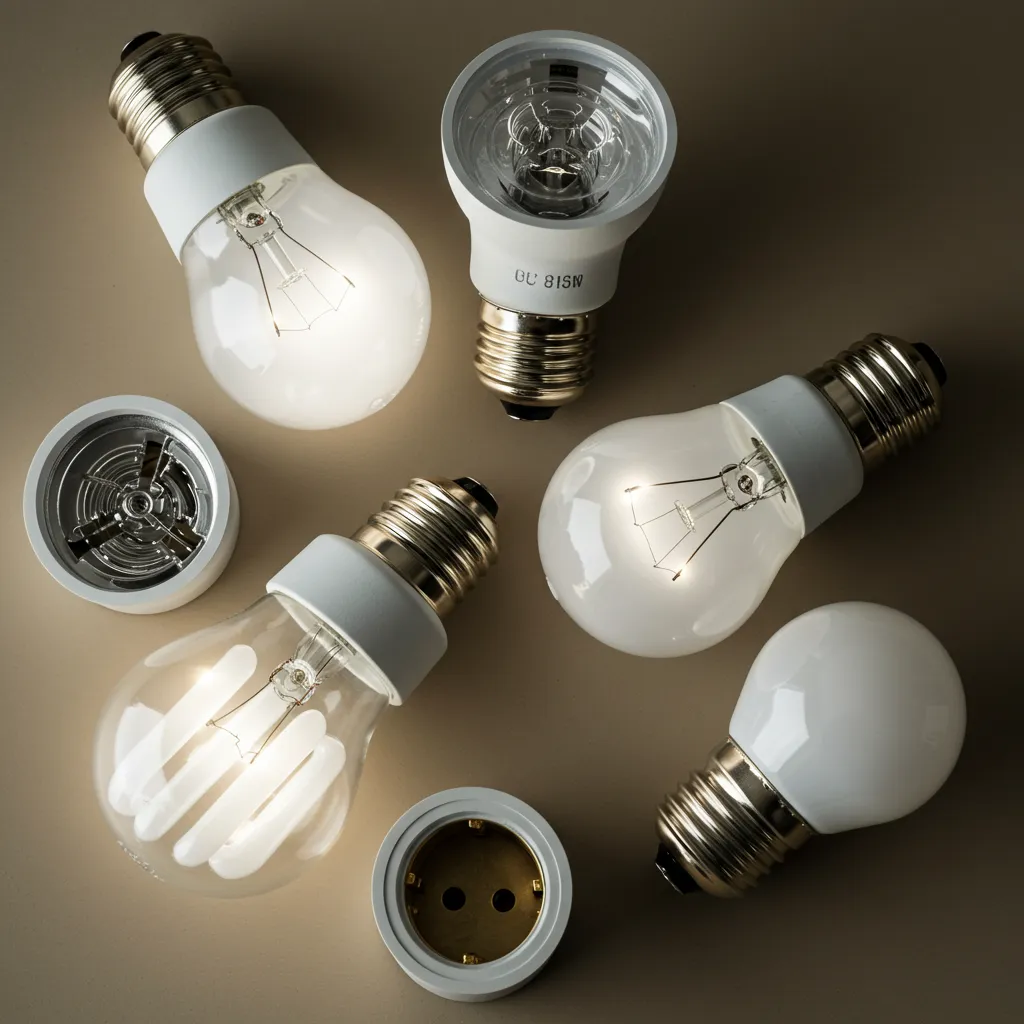 Différents types d'ampoules et culots électriques alignés pour comparaison