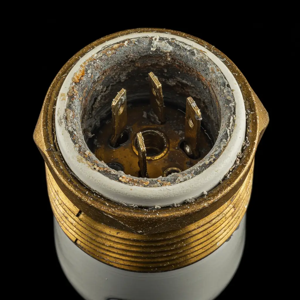 Douille électrique oxydée présentant des signes de corrosion et d'usure