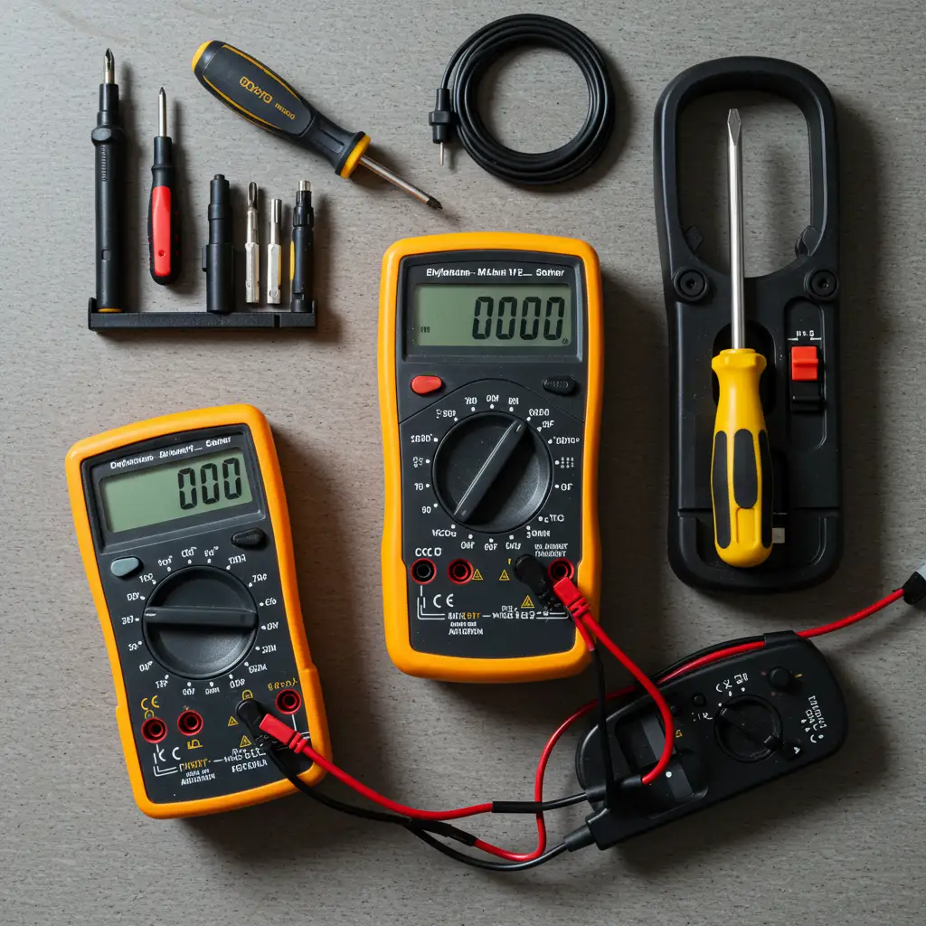 Outils de diagnostic électrique incluant multimètre, tournevis et testeur de câbles
