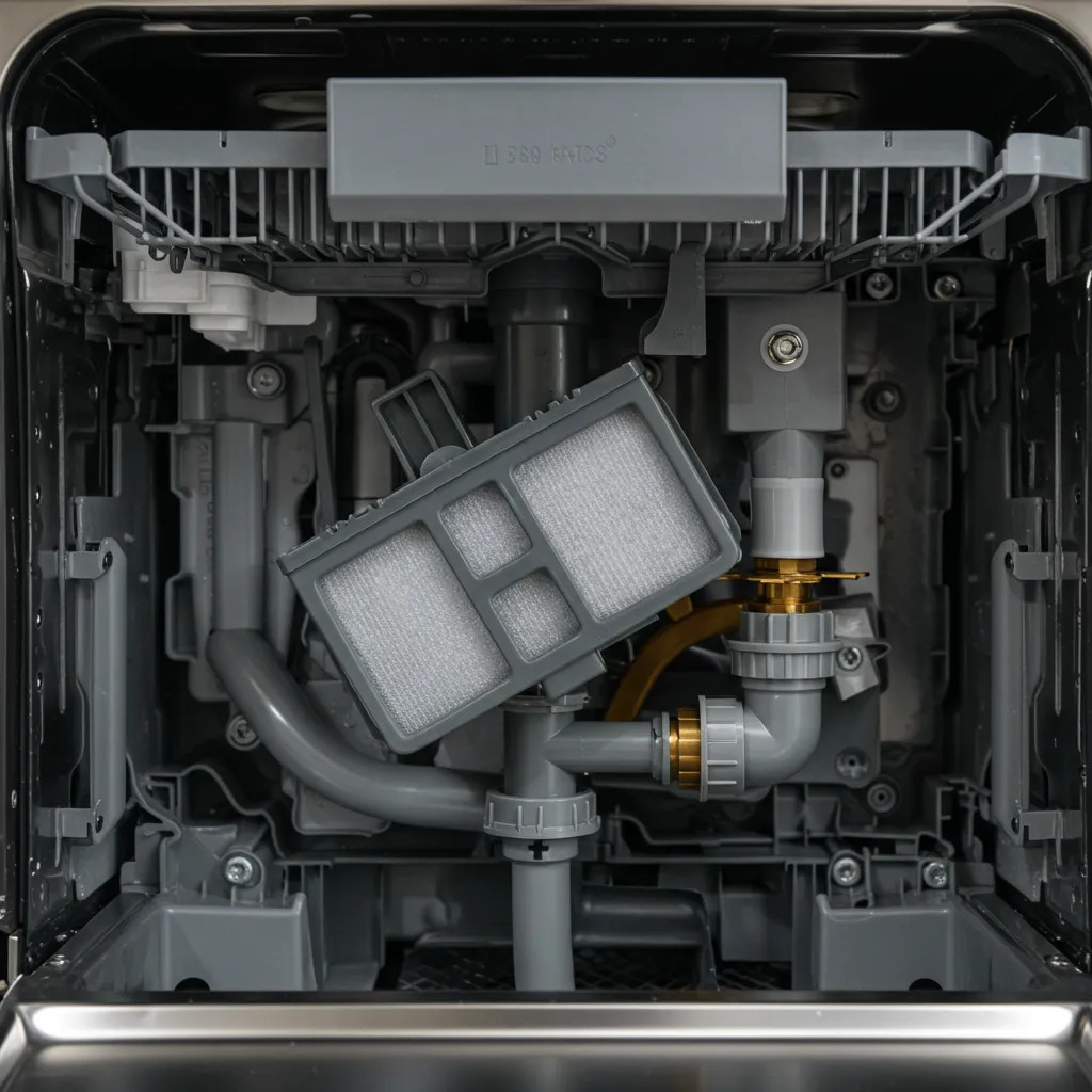 Vue détaillée de la chambre de filtration et du clapet anti-retour accessibles sous le filtre de cuve
