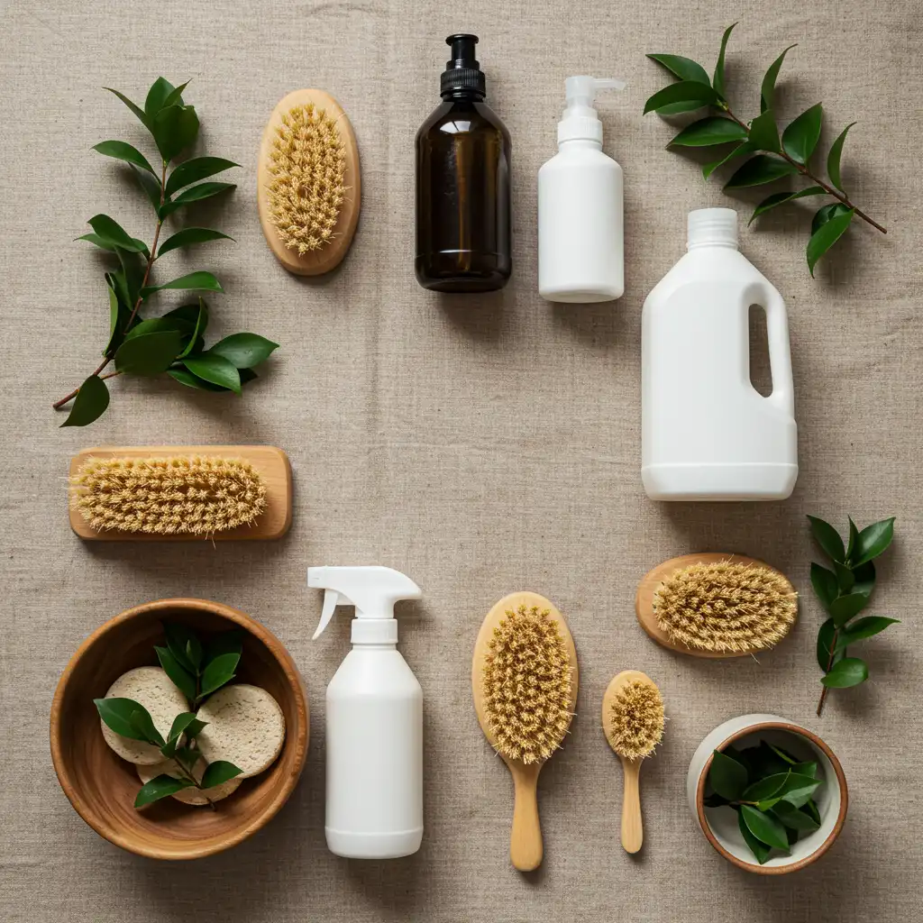 Arrangement de produits de nettoyage écologiques alternatifs sur fond naturel