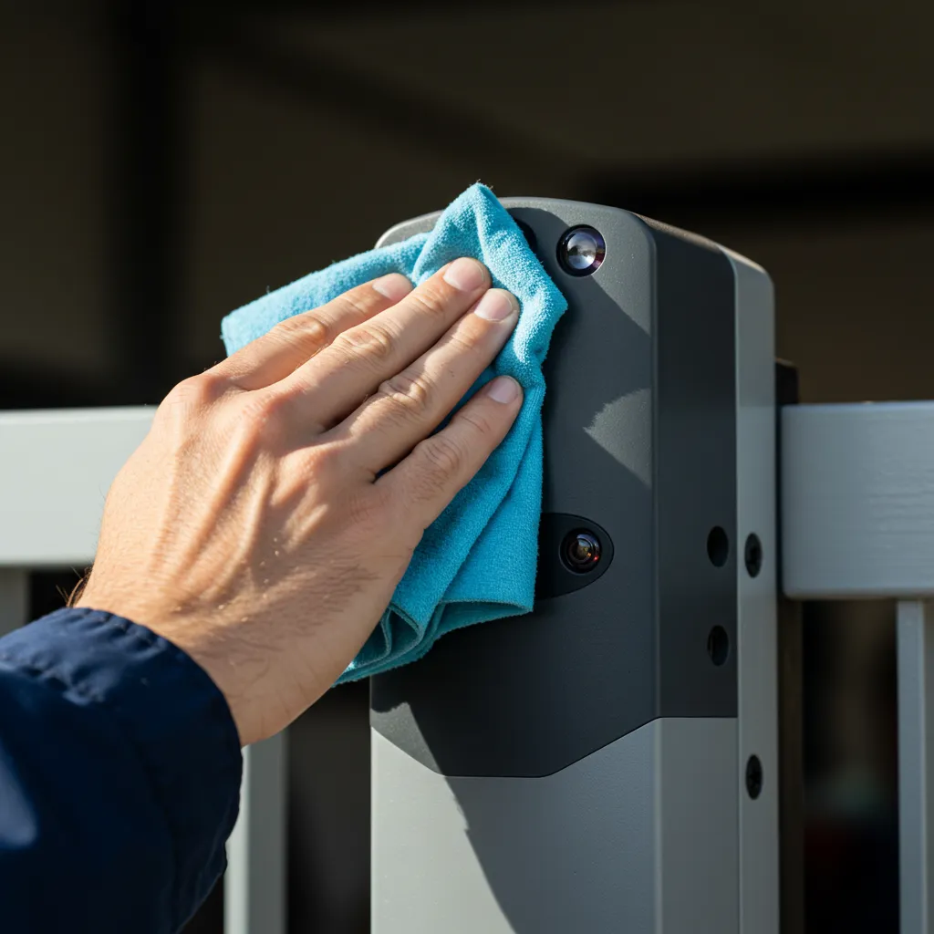 Nettoyage des photocellules d'un portail automatique pour maintenance préventive