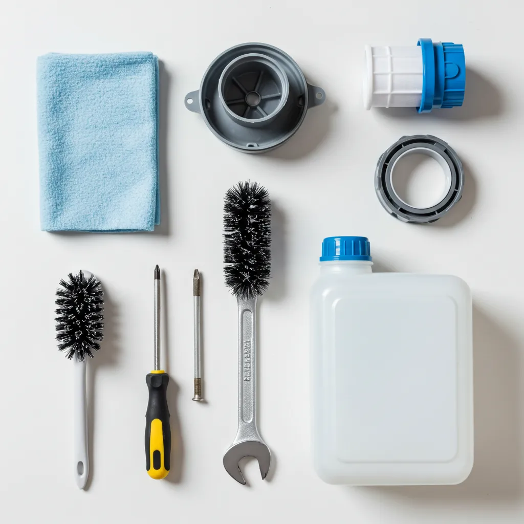 Outils et accessoires de dépannage d'une machine à laver disposés à plat