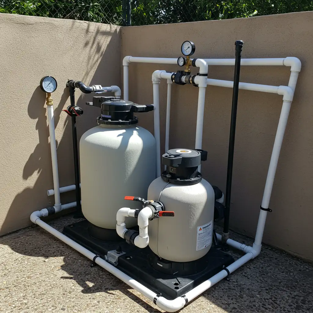 Système de filtration à sable en bon état de fonctionnement avec manomètre affichant une pression normale