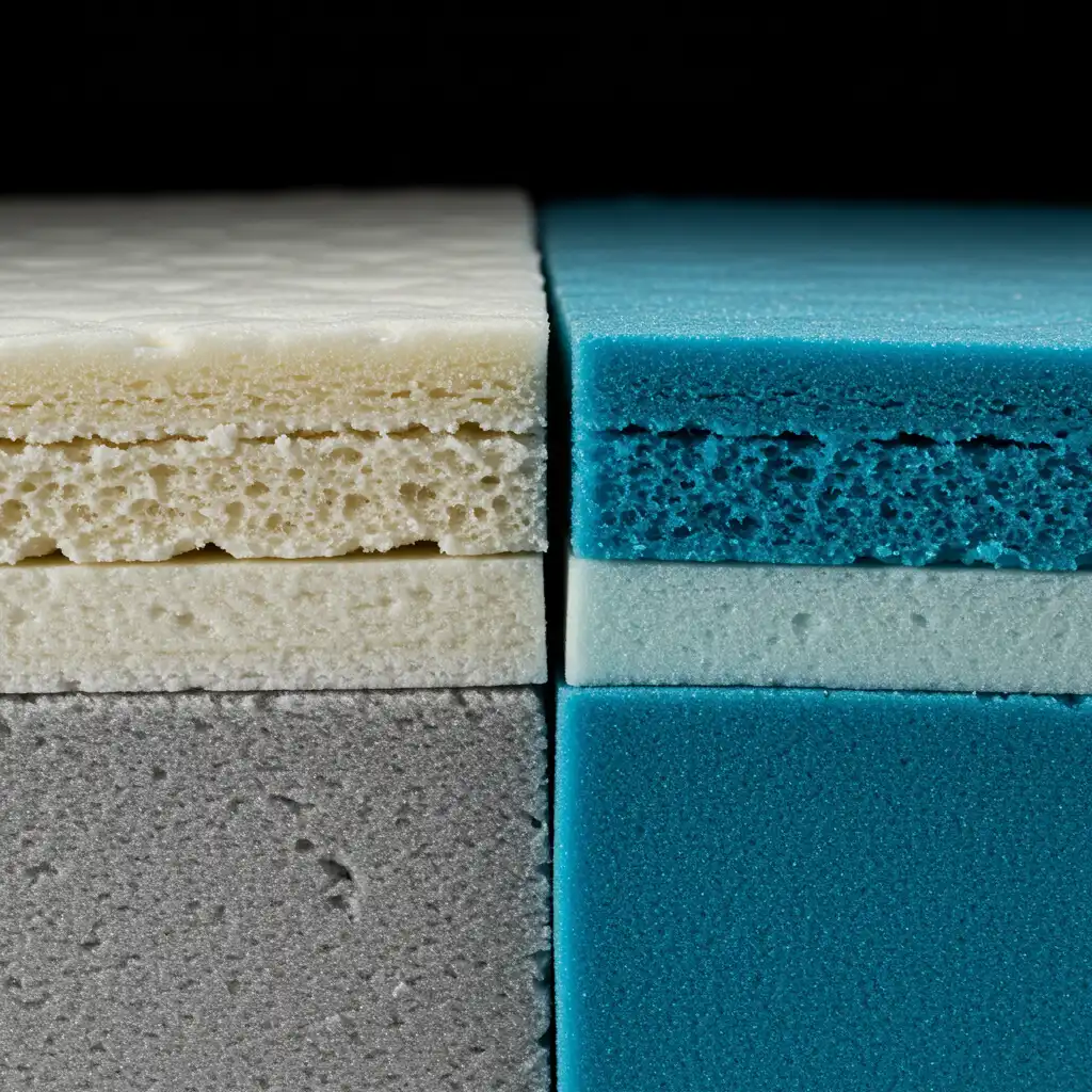 Gros plan sur la coupe transversale d'un matelas montrant les différentes couches de mousse et leur densité