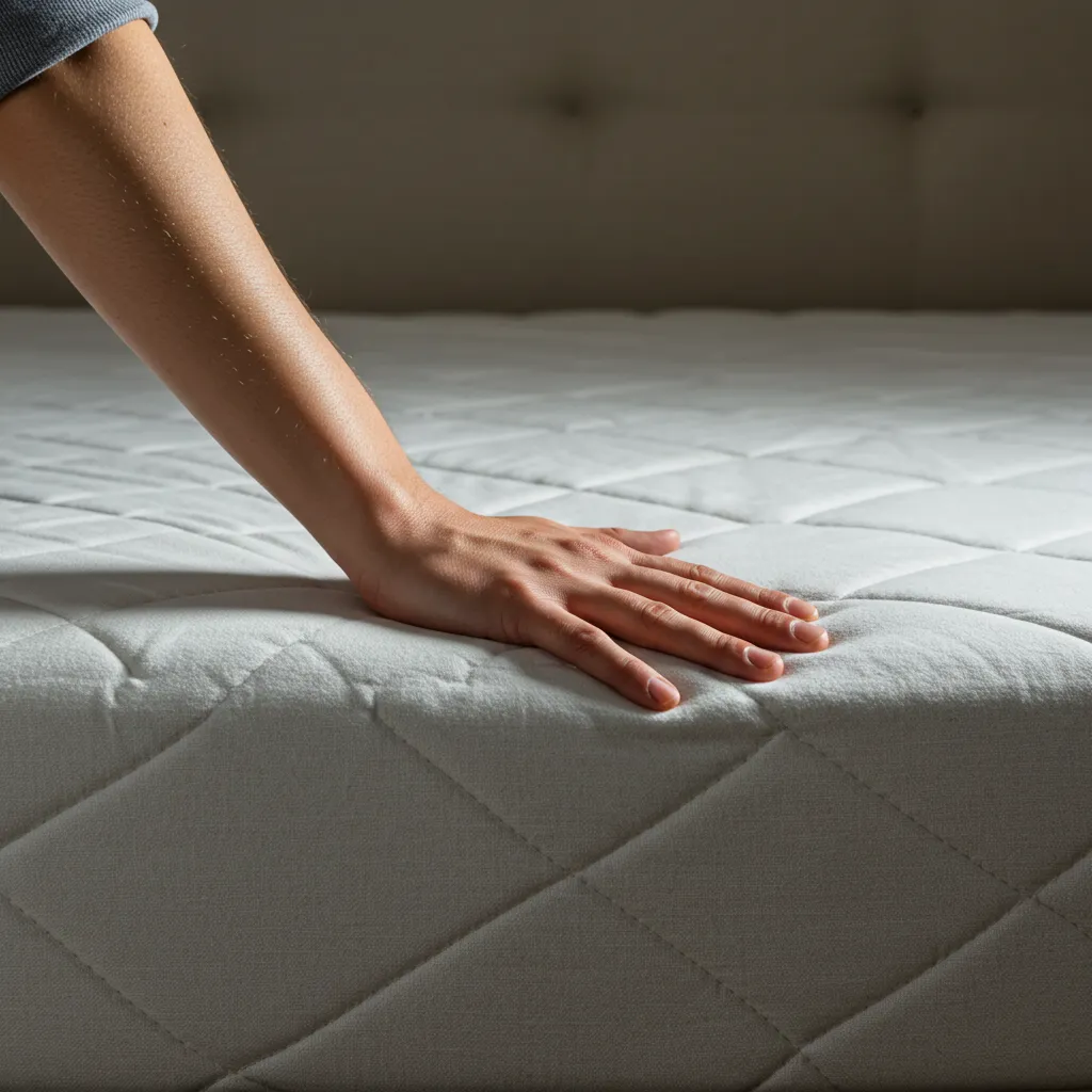 Test tactile de fermeté d'un matelas montrant l'évaluation de la qualité par pression manuelle