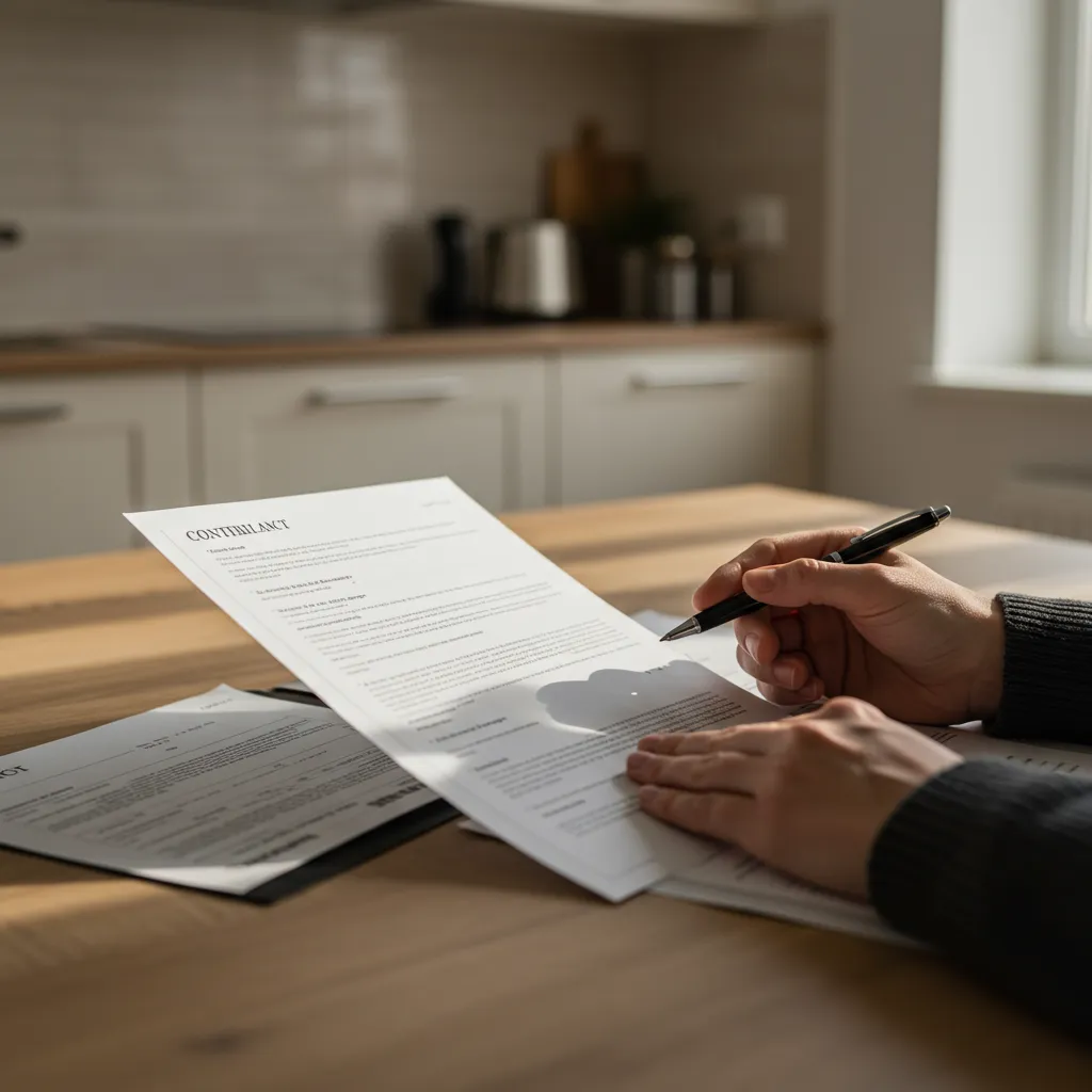 Personne consultant un contrat de pose de cuisine avant signature, documents sur une table avec cuisine en arrière-plan
