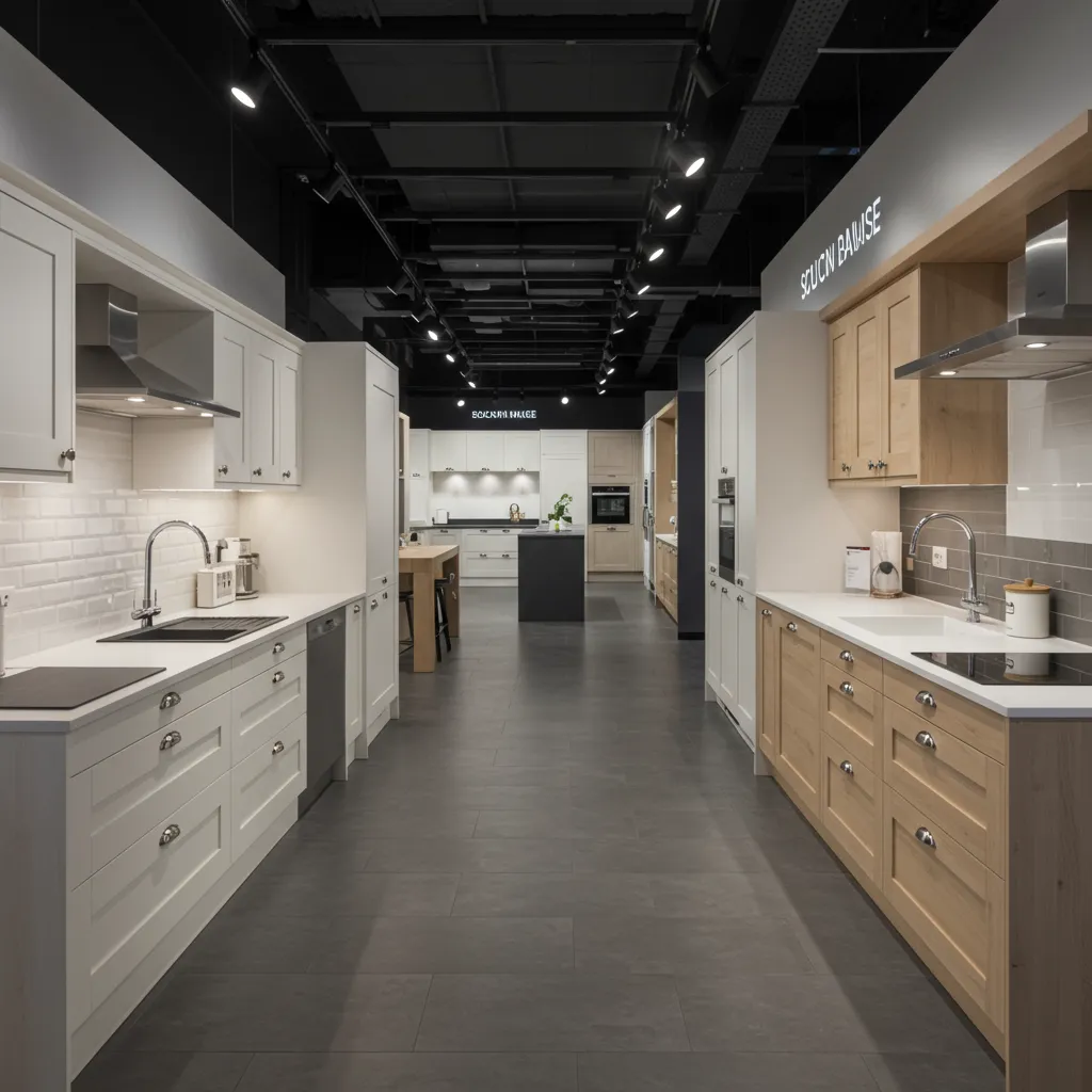 Showroom de cuisines exposant plusieurs configurations et finitions différentes, vue en perspective dans un espace lumineux
