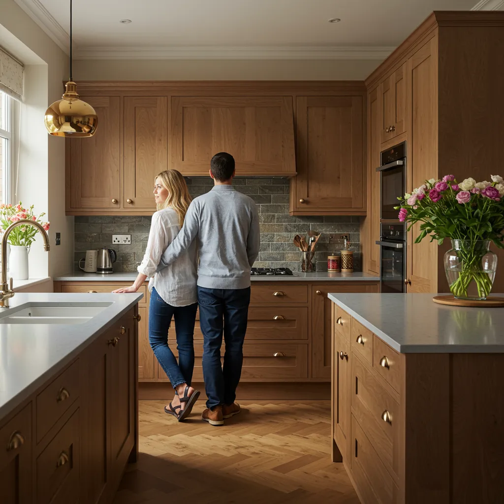 Couple découvrant leur nouvelle cuisine installée, ambiance chaleureuse en lumière dorée, vue de dos