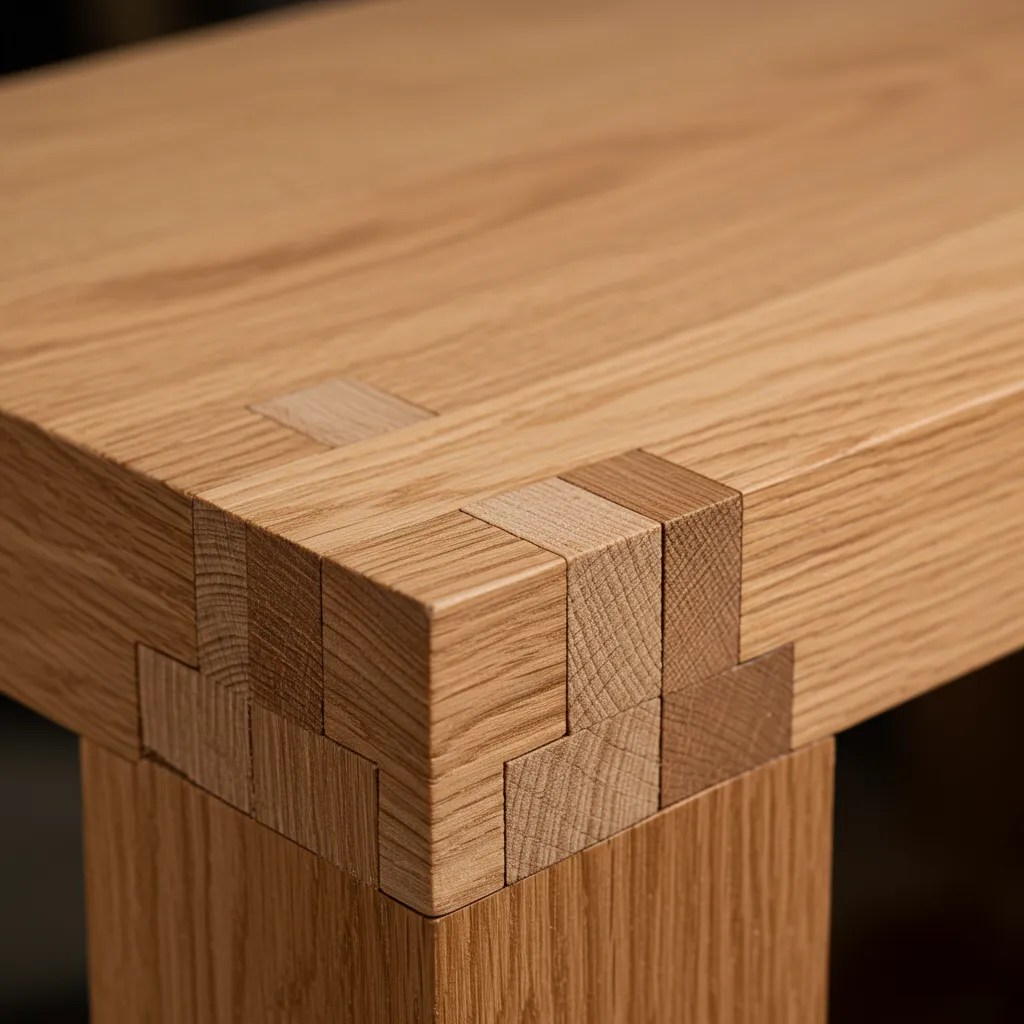 Gros plan sur un assemblage tenon-mortaise en chêne massif illustrant la qualité artisanale des meubles en bois