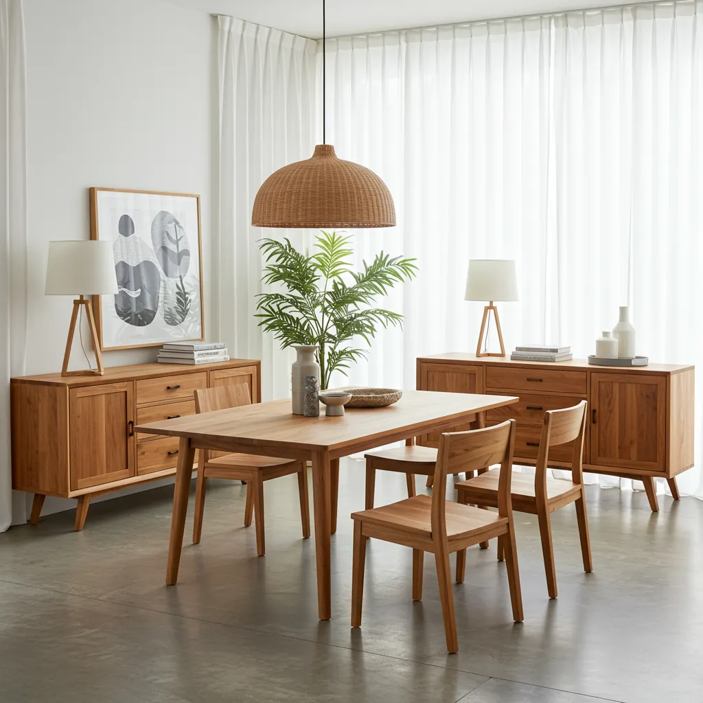 Collection de meubles en bois massif teck et acacia exposés dans un showroom lumineux aux finitions naturelles
